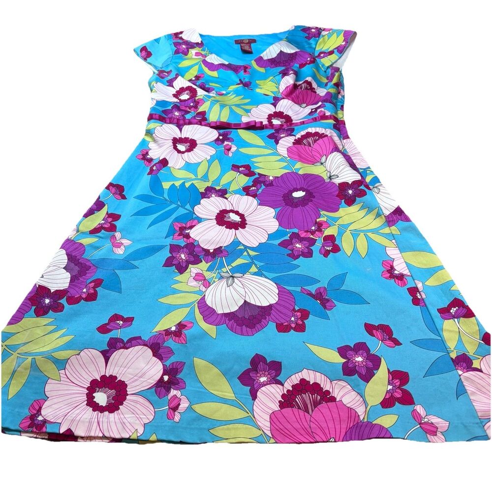 Sangria Floral Fit & Flare Dress Womens Size 10 Blue Pink Tropical Cotton Street - Picture 14 of 16